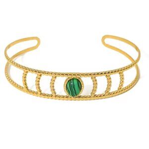 Stainless Steel Bangle, Emerald Green Stone Jewelry, Gold Jewelry, Gold Bracelet